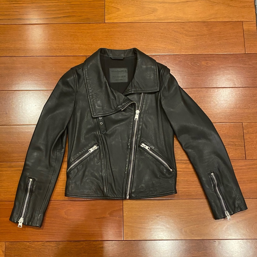 All Saints Lewin Biker Leather Jacket - black leather with silver hardware